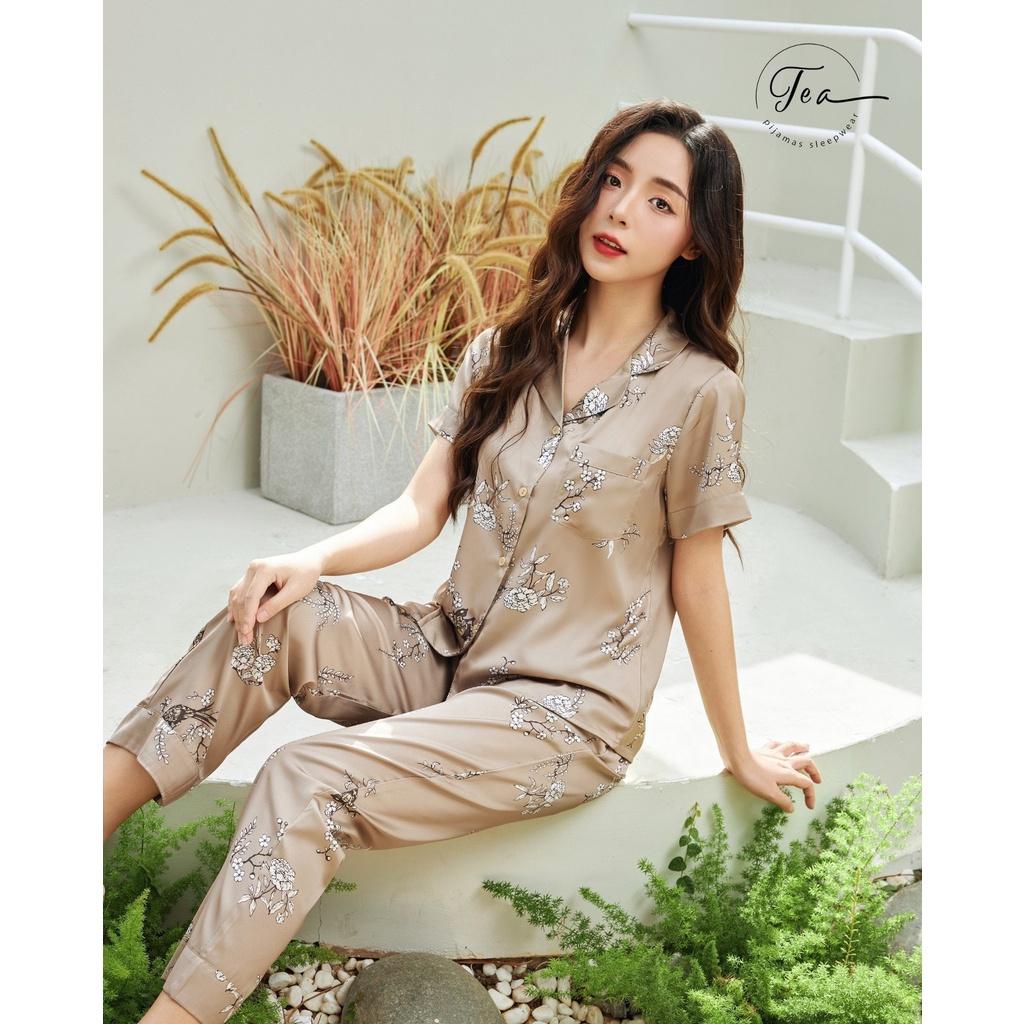 Bộ mặc nhà pyjama lụa cao cấp Tea Store tay ngắn quần dài họa tiết chim sẻ hai màu sang trọng