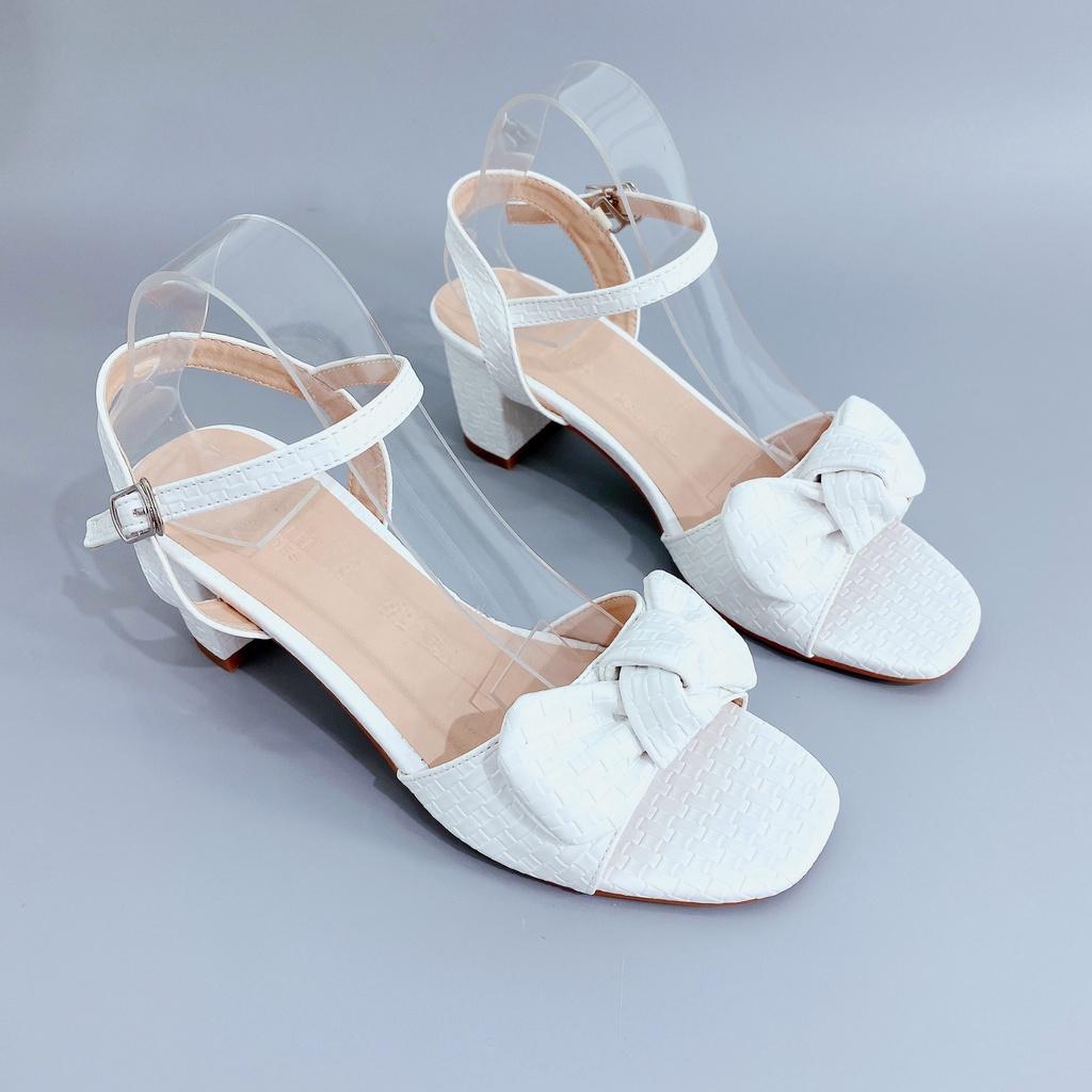 Giày sandal cao gót nữ 7cm GÓT XINH GD17 quai phối nơ đế trụ vuông