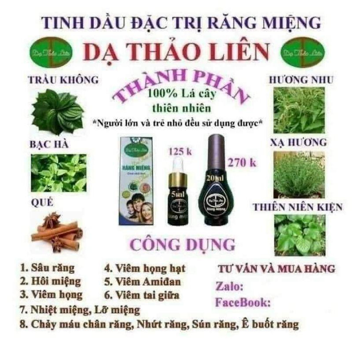 Tinh Dầu Răng Miệng Dạ Thảo Liên 100% Thảo Dược Thiên Nhiên 20ml | Da Thao Lien Oral Essential Oil 100% natural 20ml