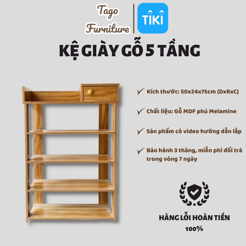 Kệ để giày thông minh 5 tầng gỗ có ngăn để đồ tiện dụng, tủ giày gỗ MDF đa năng 50x24x75cm TAGO27
