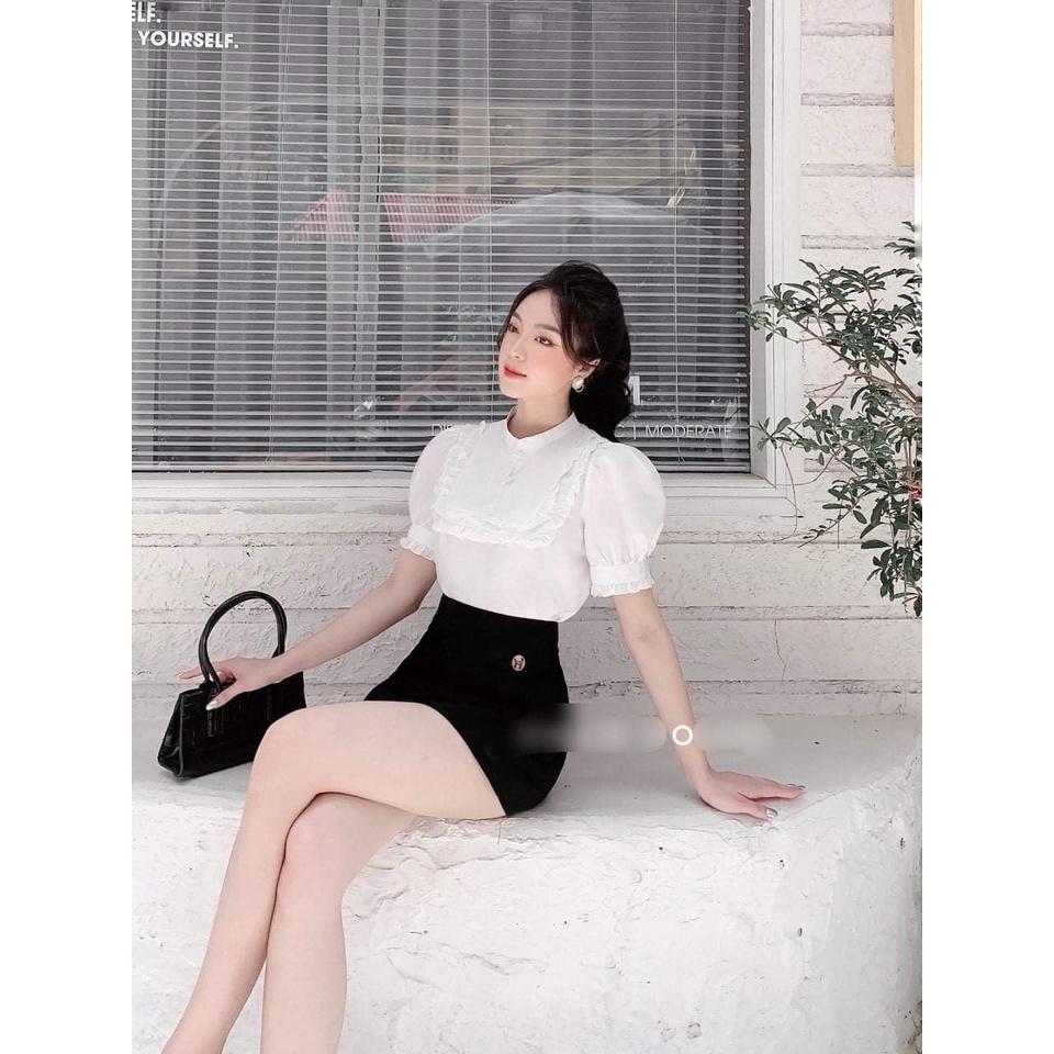 Áo sơ mi nữ công sở thời trang SURI lụa trắng tay cộc,kiểu nữ cổ đức phối bèo đính cúc ngọc-TRANGBEOVUONG