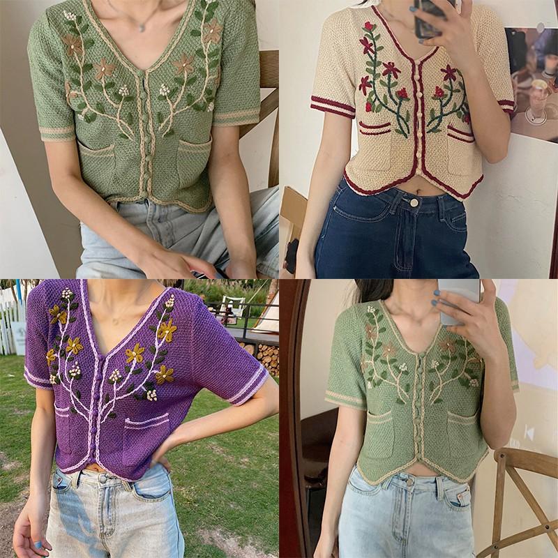 Áo cardigan dệt kim tay ngắn cổ chữ V hoạ tiết hoa thêu phong cách retro dành cho nữ