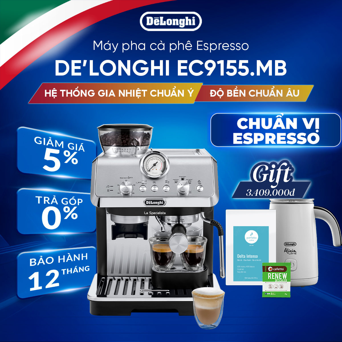 [Hàng chính hãng] Máy pha cà phê espresso DeLonghi La Specialista Arte EC9155 (R/ MB)
