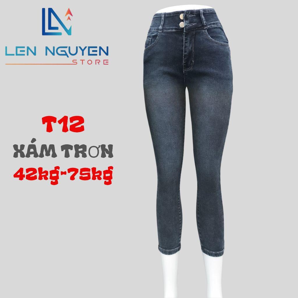 T12_Quần jean nữ, 9 tất, lưng cao, quần bò nữ dáng ôm, quần rin nữ có big size, cho 42kg đến 75kg,LEN NGUYEN STORE - Xanh Nhạt Rách