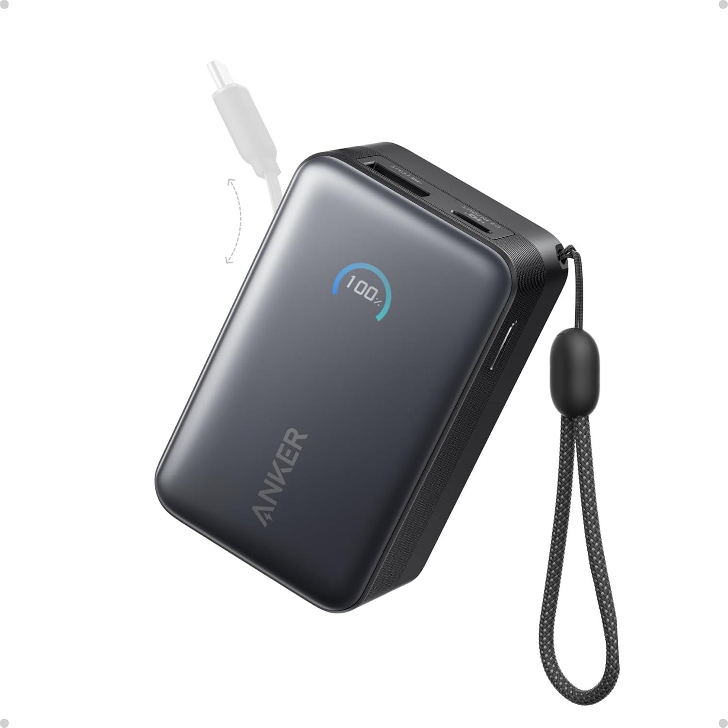 Sạc dự phòng Anker Nano 2C1A 45W 10000mah (Built-In Retractable USB-C Cable) Đen (Black) A1638 - Hàng Chính Hãng