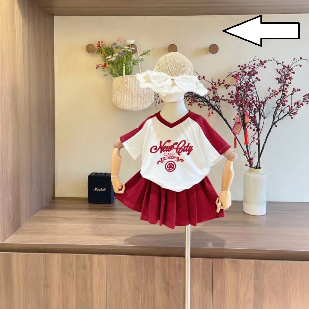 Set Váy Bé Gái Áo Thun Cotton 4C Phối Màu Chân Váy Xếp Ly Kèm Quần Năng Động Cá Tính Từ 12-45kg Dành Cho Bé Gái