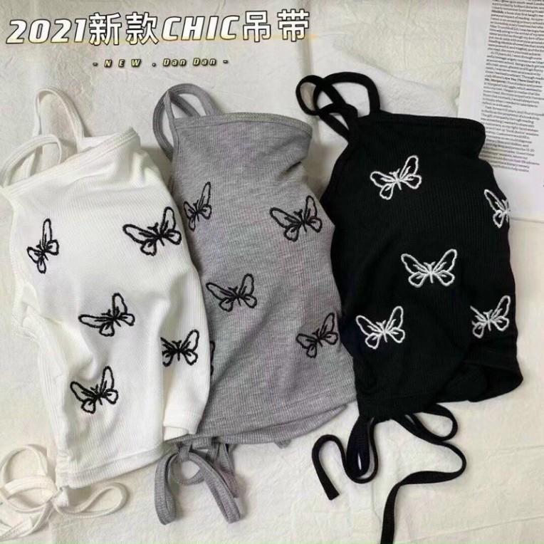 Áo bra 2 dây dáng croptop dây rút sườn hoạ tiết hình bướm có 3 màu đen, ghi, trắng coco land - chất bền