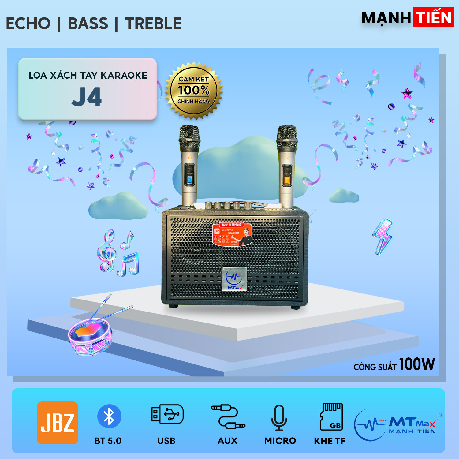 Loa Xách Tay Di Động JBZ J4- Loa 2 Đường Tiếng Bass 20cm Siêu Trầm Âm Thanh Mạnh Mẽ Vô Đối Đi Kèm 2 Micro Không Dây Bảo Hành 12 Tháng hàng chính hãng