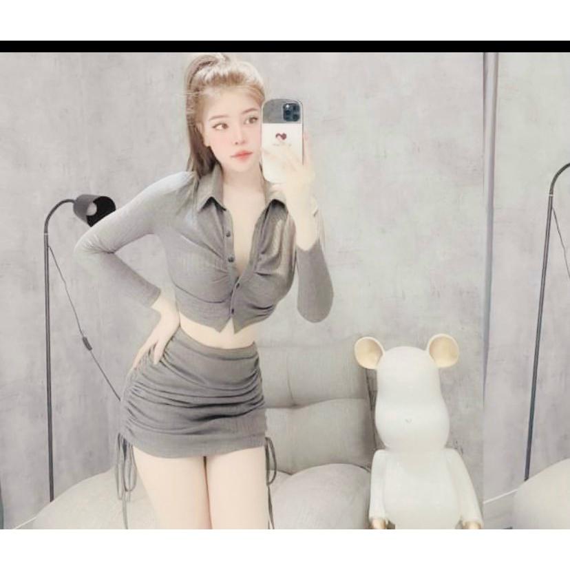 &lt;HÀNG SIÊU ĐẸP&gt; Set đồ đi chơi, áo croptop dài tay kèm chân váy rút dây cực xinh