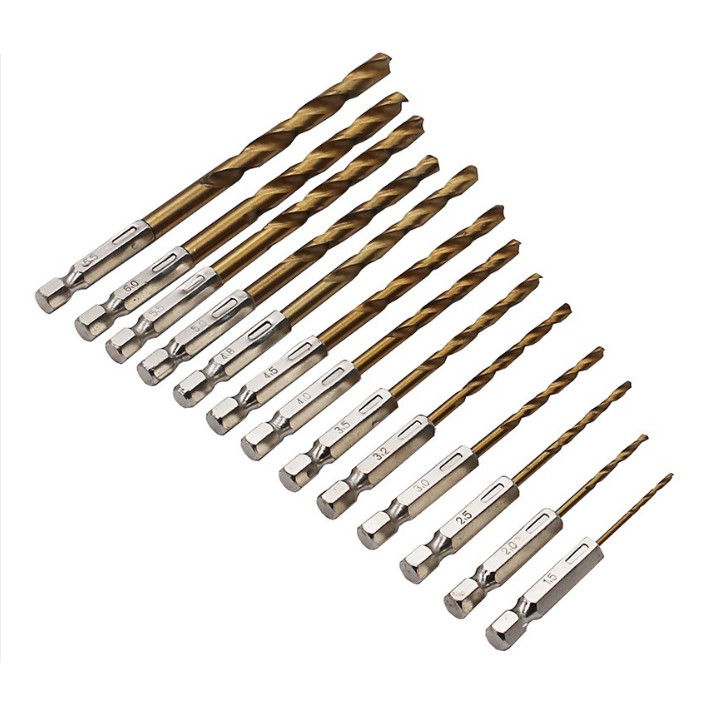 Mũi khoan sắt thép tôn nhôm Chuôi Lục Giác bộ 13 chiếc phủ titanium đường kính từ 1.5-6.5mm loại tốt siêu bền