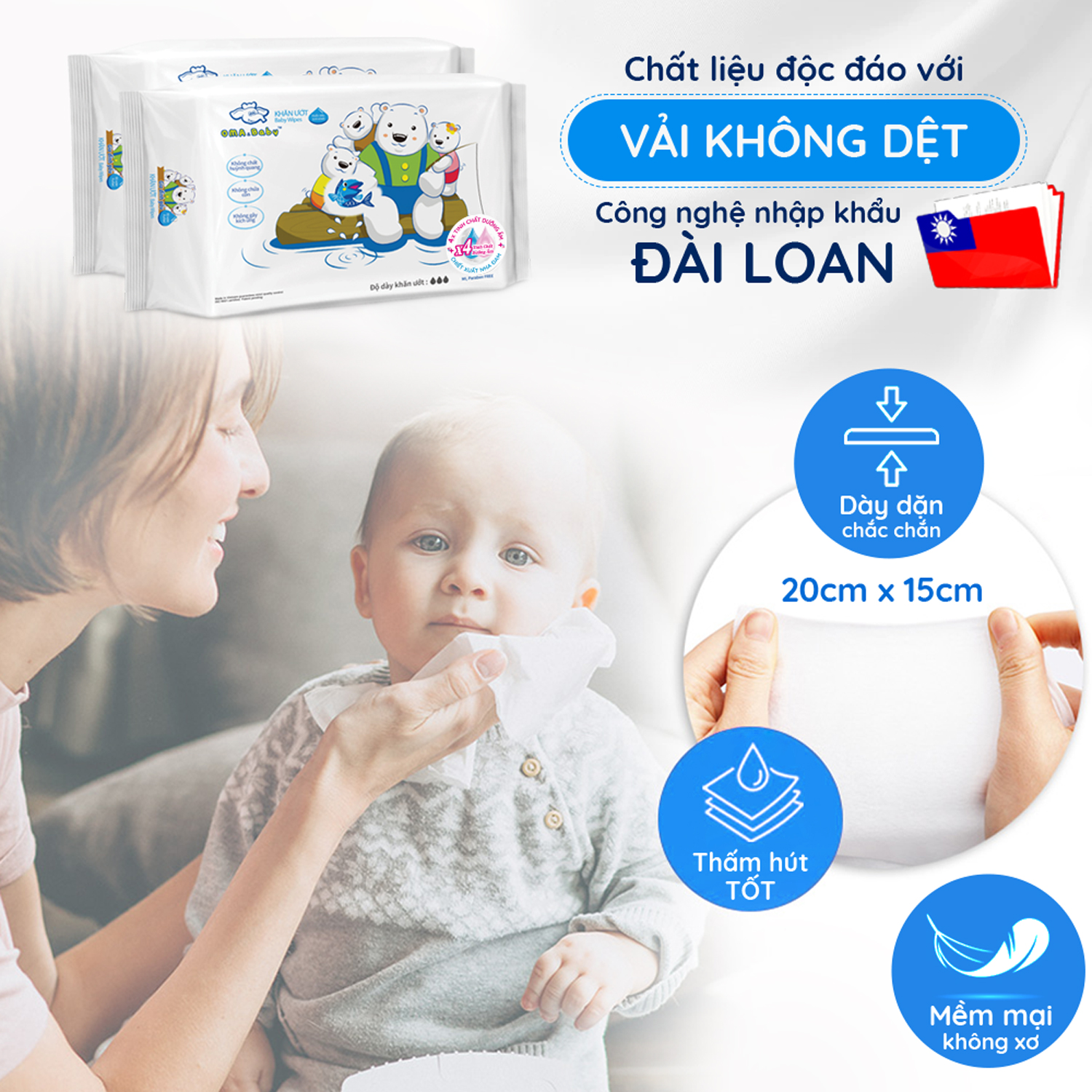 Combo 3 gói Khăn ướt làm sạch tinh khiết dành cho bé Oma&Baby với công thức Chlorhexidine Digluconate kháng khuẩn an toàn, dịu nhẹ trong khăn ( 3 gói 85 tờ ) - Combo 3 packages of  Oma&Baby premium baby wet wipes ( 85 sheets per package)