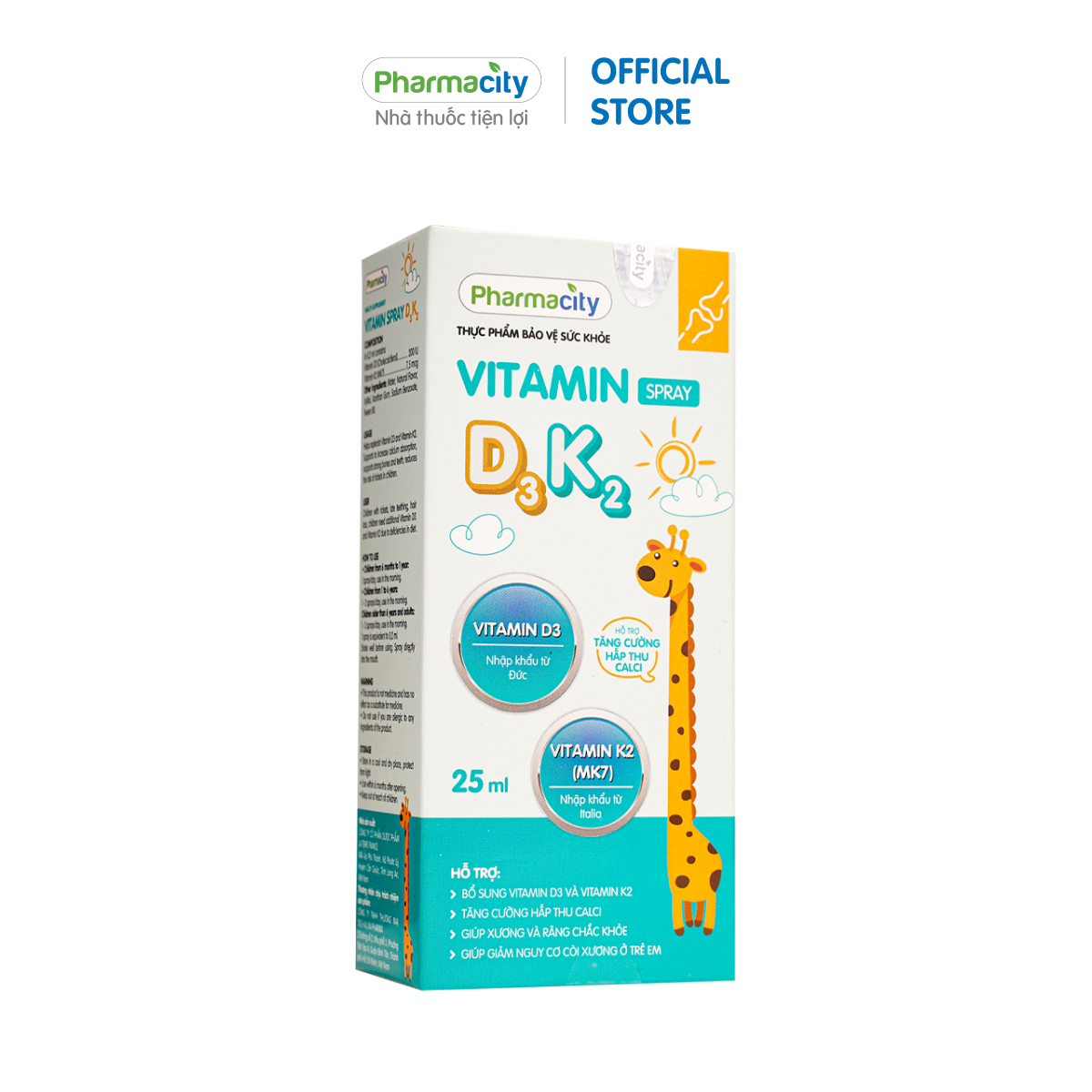 Xịt hỗ trợ xương, răng và hấp thu calci cho trẻ em Vitamin D3 K2 (Hộp 1 chai 25ml)