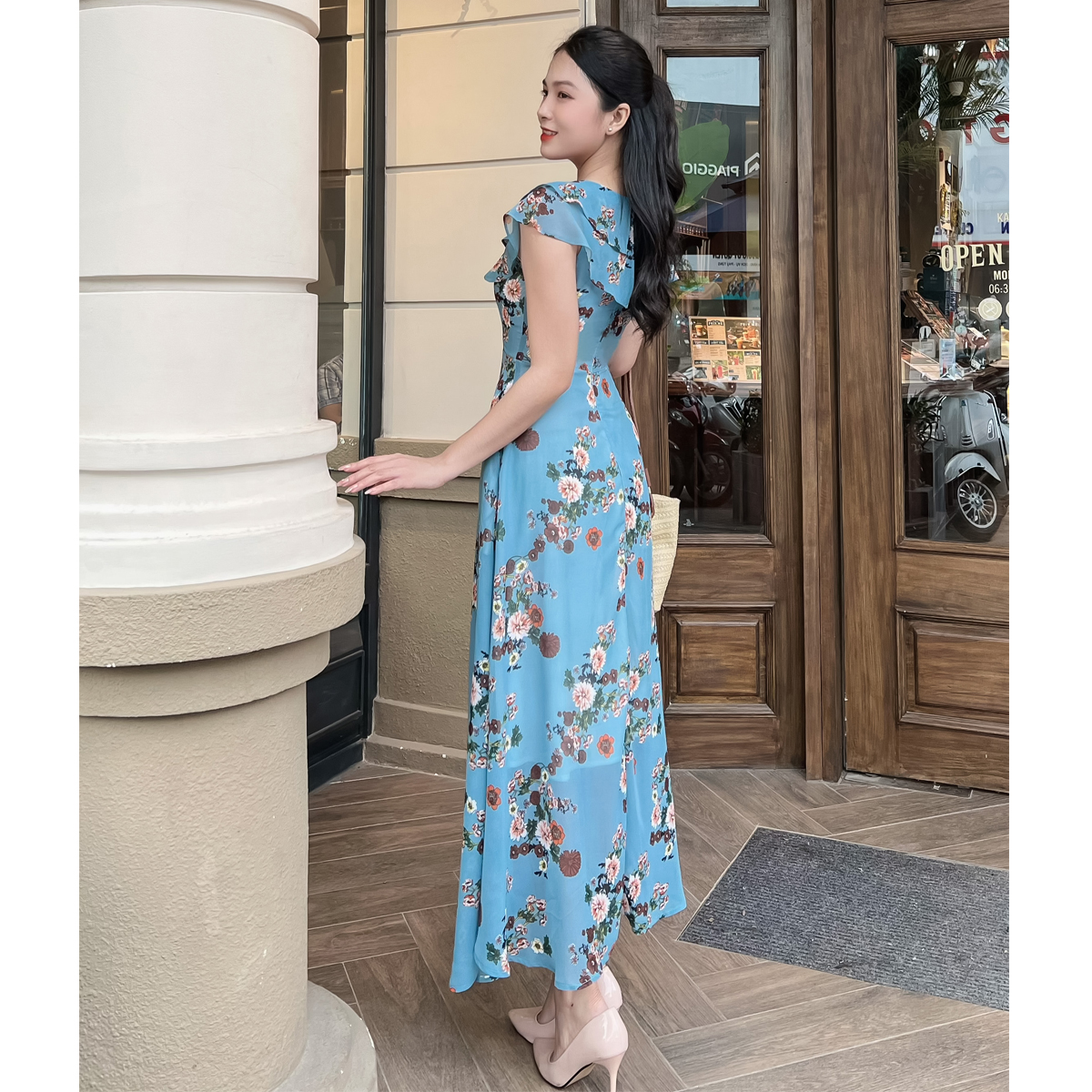 Đầm maxi vol hoa 4 lá cổ D092 - Lady Fashion- Khánh Linh Style