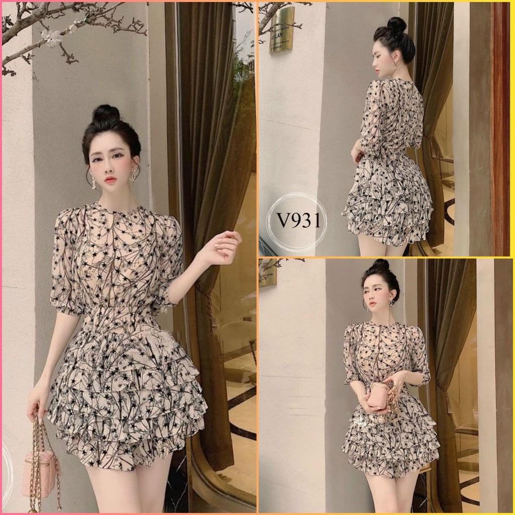 Đầm xòe 4 tầng màu nude phối họa tiết trẻ trung, ĐẦM SAO TẦNG