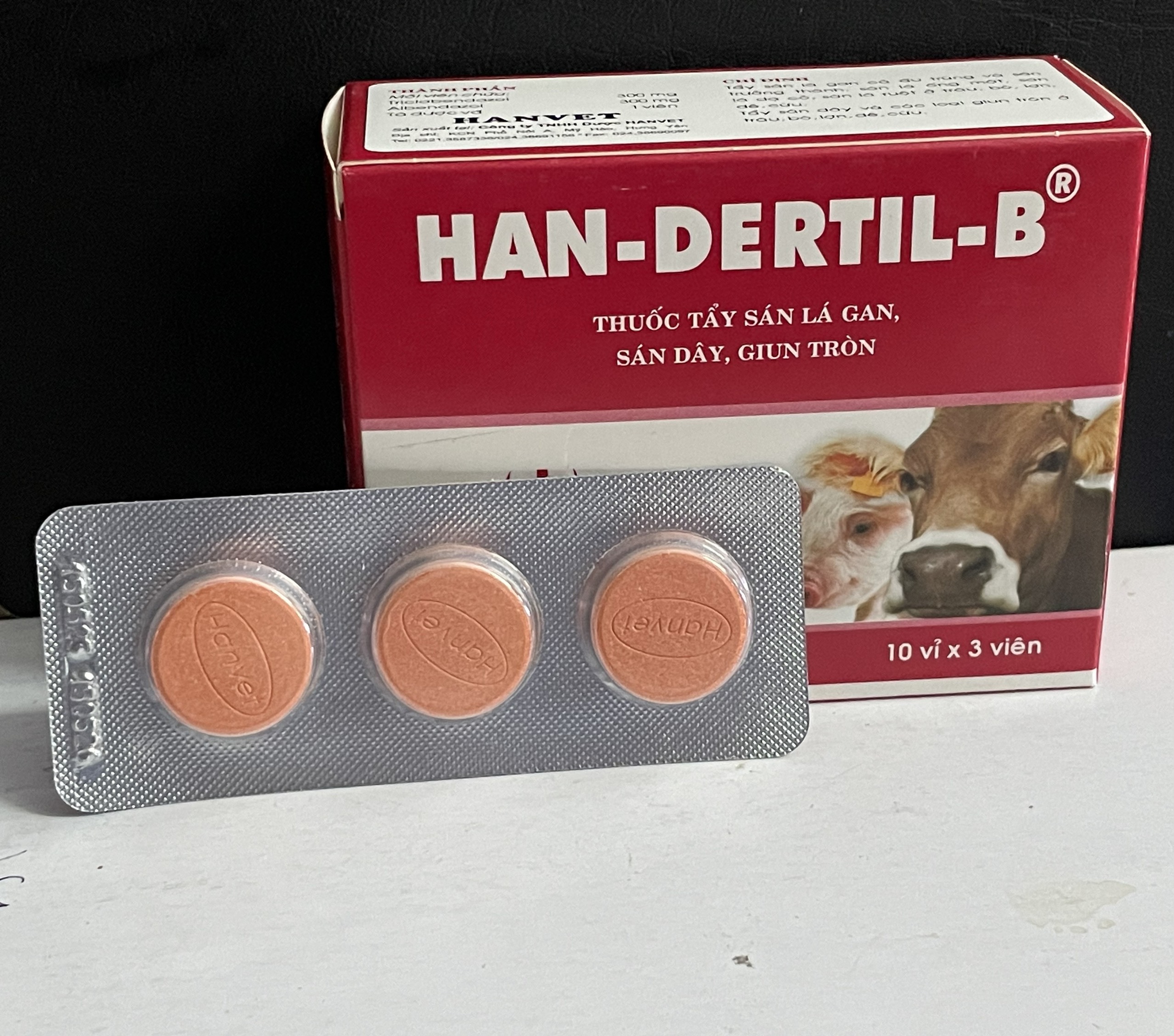 HAN DERTIL B - THUỐC TẨY SÁN LÁ GAN, SÁN DÂY, GIUN TRÒN 1VỈ/3 VIÊN