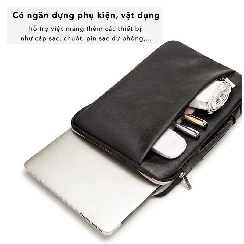 Túi xách Laptop, Macbook 13 - 15.6 inch : Chống sốc 360 độ - Mẫu da đen KM038