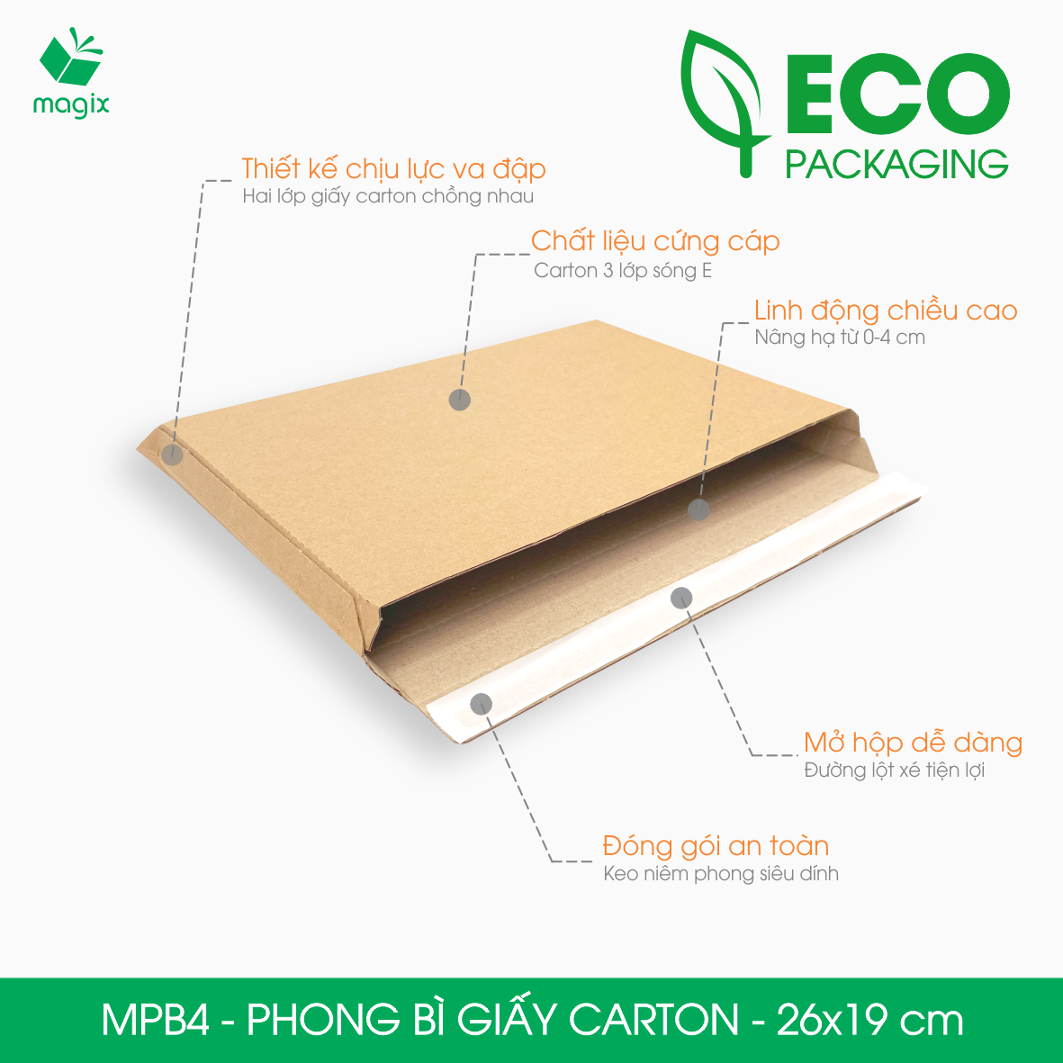 MPB4 - 26x19 cm - 60 phong bì carton đóng hàng - Bìa gói hàng, bìa cứng, bì thư | Magix Packaging
