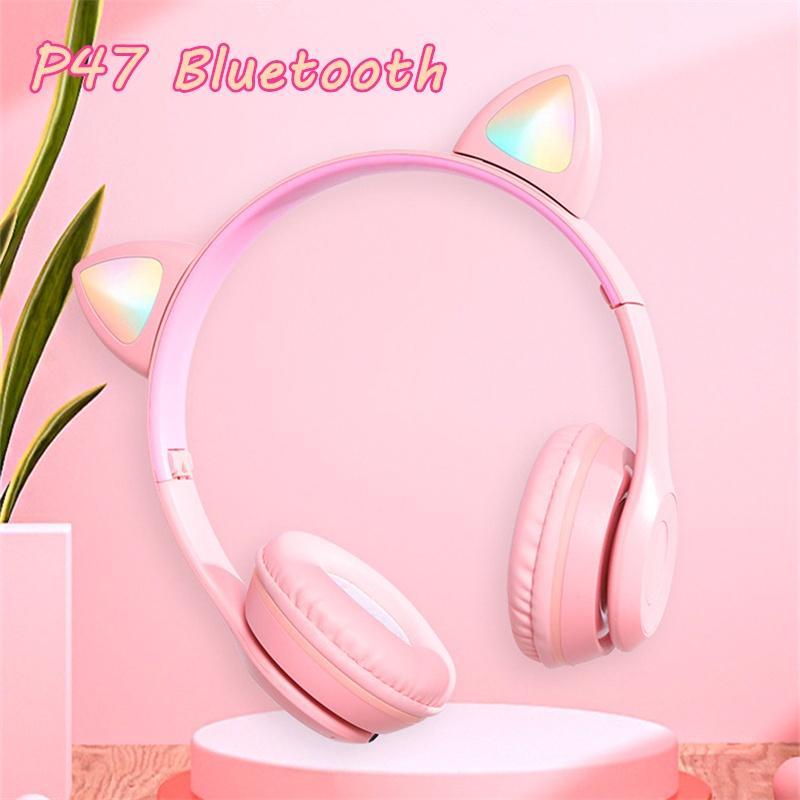 Tai Nghe Bluetooth 5.0 Không Dây P47 Có Đèn LED Hình Tai Mèo Có Thể Sạc Lại