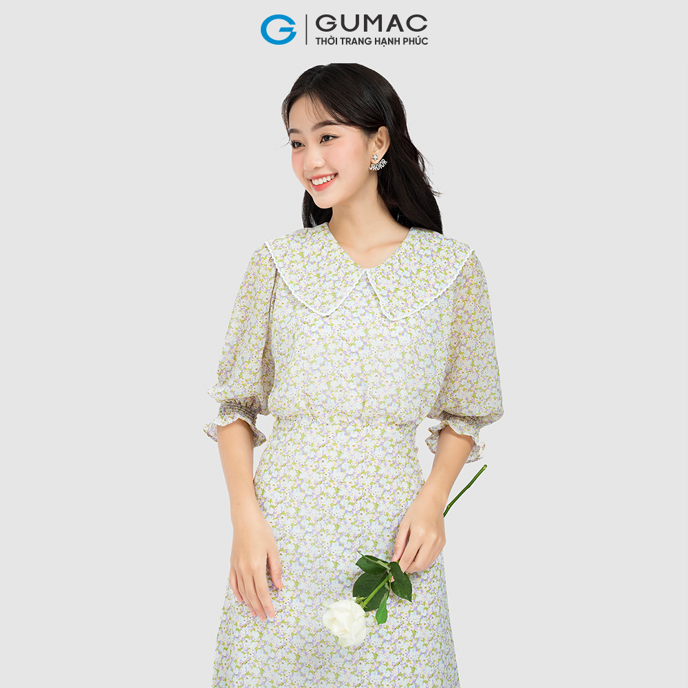 Đầm maxi bâu GUMAC DC08072 viền ren họa tiết hai lớp màu xanh
