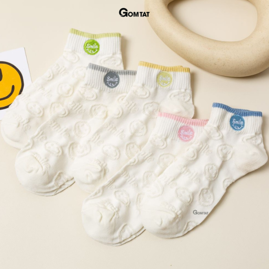 Set 5 đôi vớ nữ cổ ngắn xinh xắn họa tiết mặt cười, tất nữ cổ thấp chất liệu cotton mềm mỏng thoáng mát - CB092