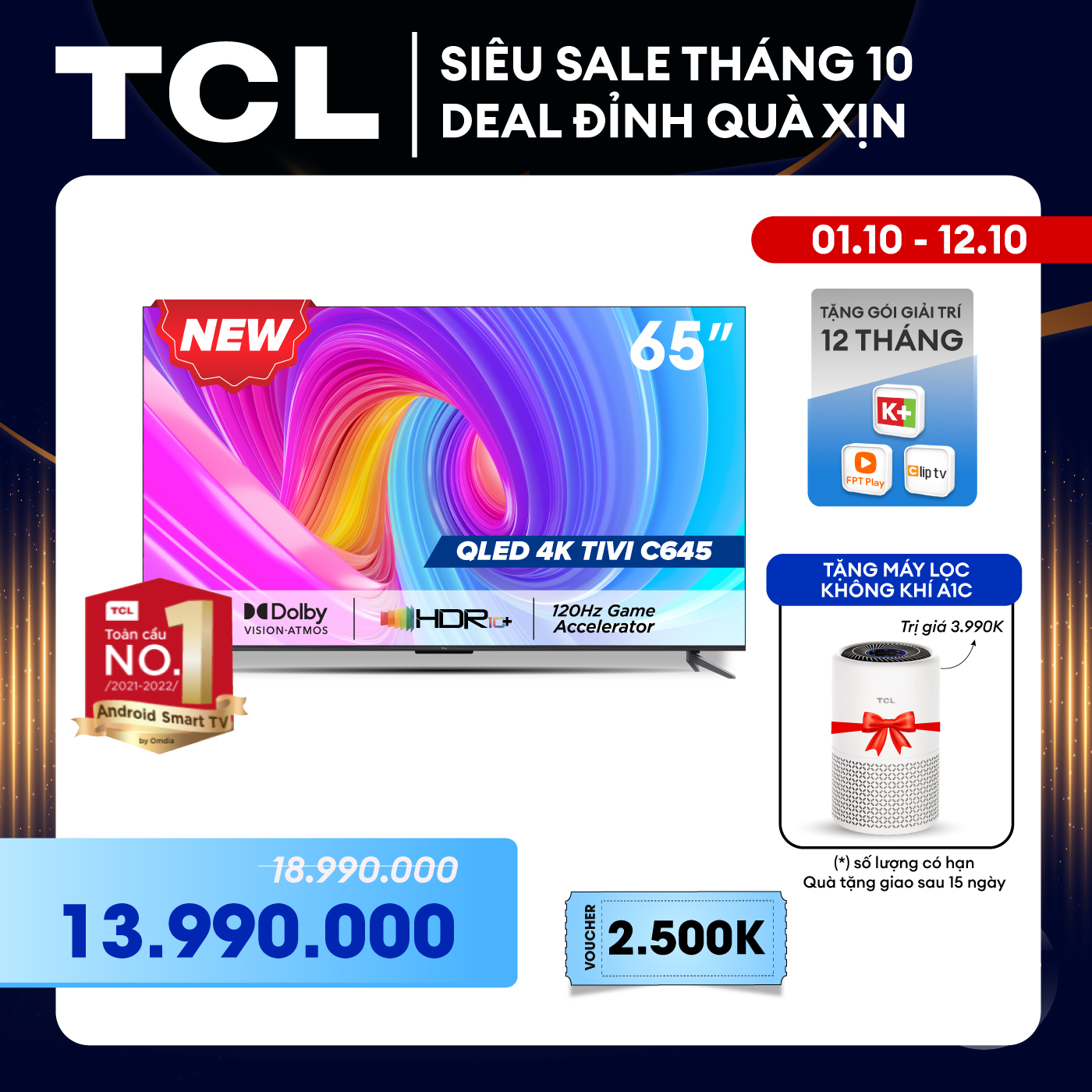 QLED TV TCL 4K UHD - Tivi 65'' - 65C645 - Tivi 65 inch - Tivi cao cấp - Hàng chính hãng - Nhà bán hàng tự giao [Toàn quốc]