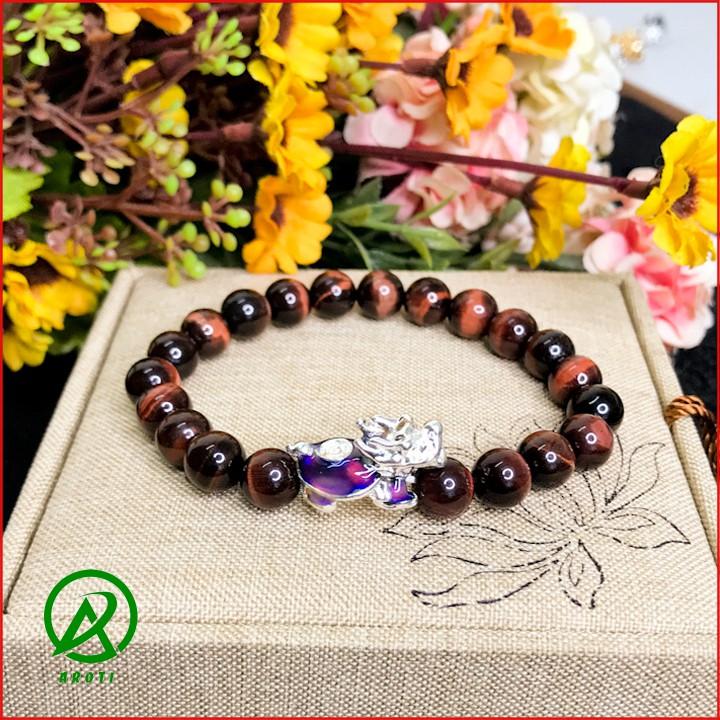 Vòng Tay Phòng Thủy Mệnh Hỏa- Thổ - Vòng Tay Nam Nữ Đá Mắt Hổ Mix Long Quy Bạc Đổi Màu 8mm V385-8
