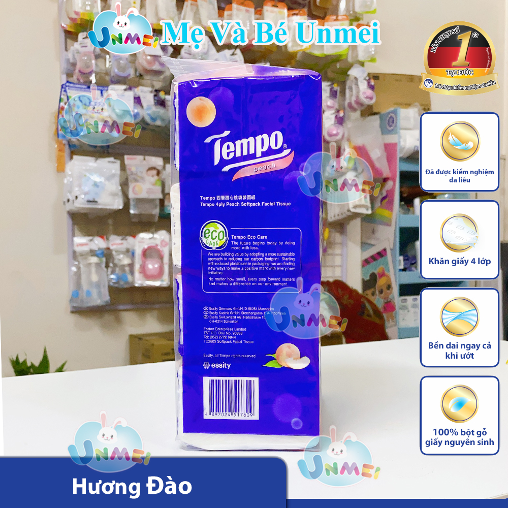 Lốc 4 Gói Khăn Giấy Cao Cấp Tempo Softpack Mùi Hương Đào, 4 Lớp, Không Gây Kích Ứng Da (90 Tờ/ Gói) - Thương Hiệu Đức