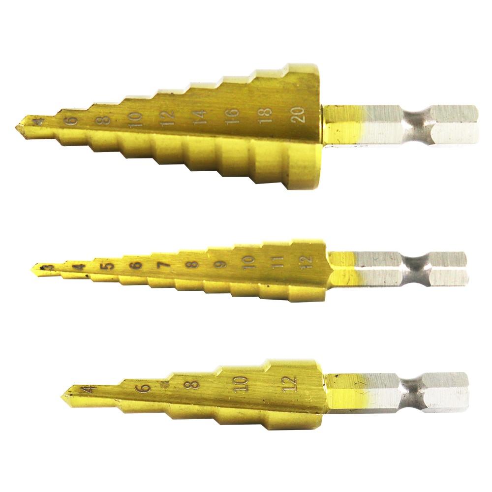 3pcs 3-12mm 4-12mm 4-20mm HSS Straight Groove Step Drill Bit Set Titanium Coated Wood Metal Hole Cutter Core Drill Bit Set