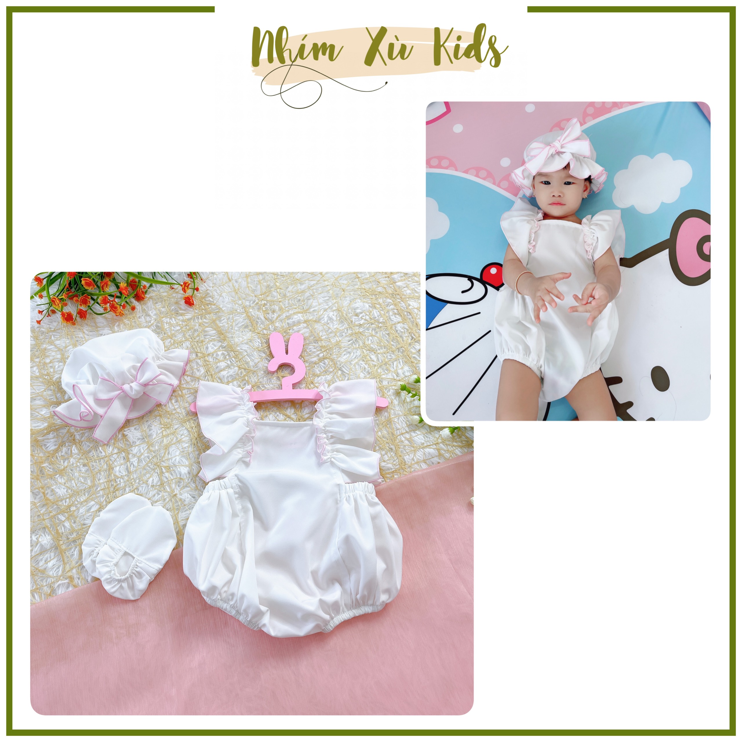 Body Trắng Viền Hồng Kèm Nón Và Giày Cho Bé sơ sinh - 12kg