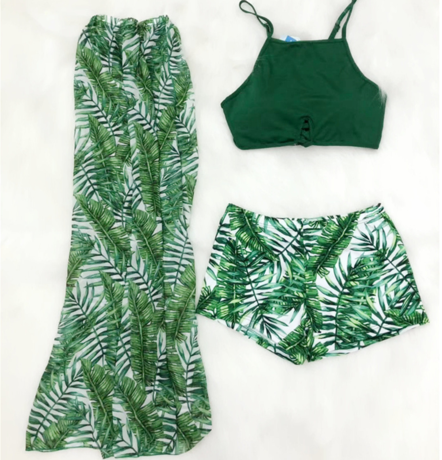Bộ đồ bơi bikini nữ hai mảnh đi tắm biển áo croptop quần short kèm váy hoạ tiết dương xỉ siêu sang - B20