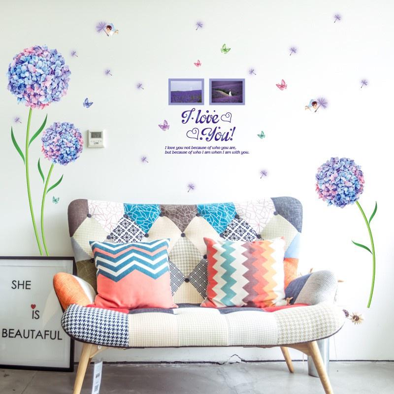 Decal Dán Tường chi tiết hoa Cẩm Tú Cầu xanh tím