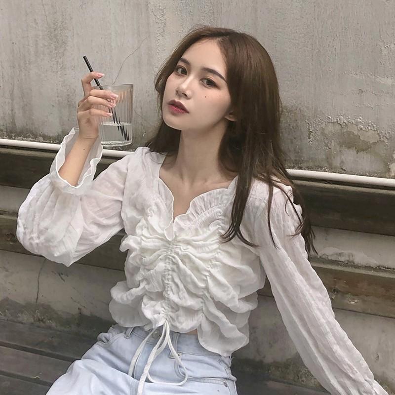 Áo Kiểu Tay Dài Màu Trơn Thiết Kế Cổ Chữ V Thời Trang Thanh Lịch