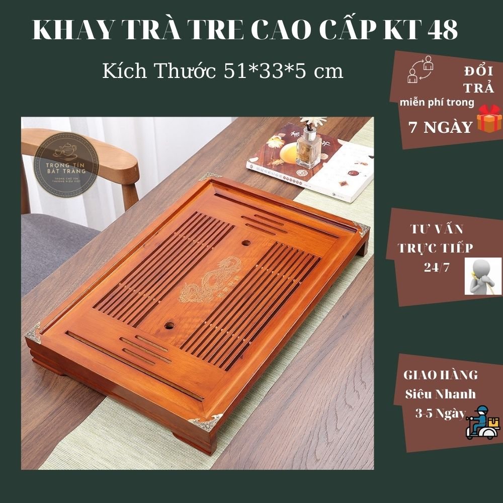 Khay Trà Tre Cao Cấp Bọc Đồng 4 Góc Kích Thước 51*33*5 KT 48