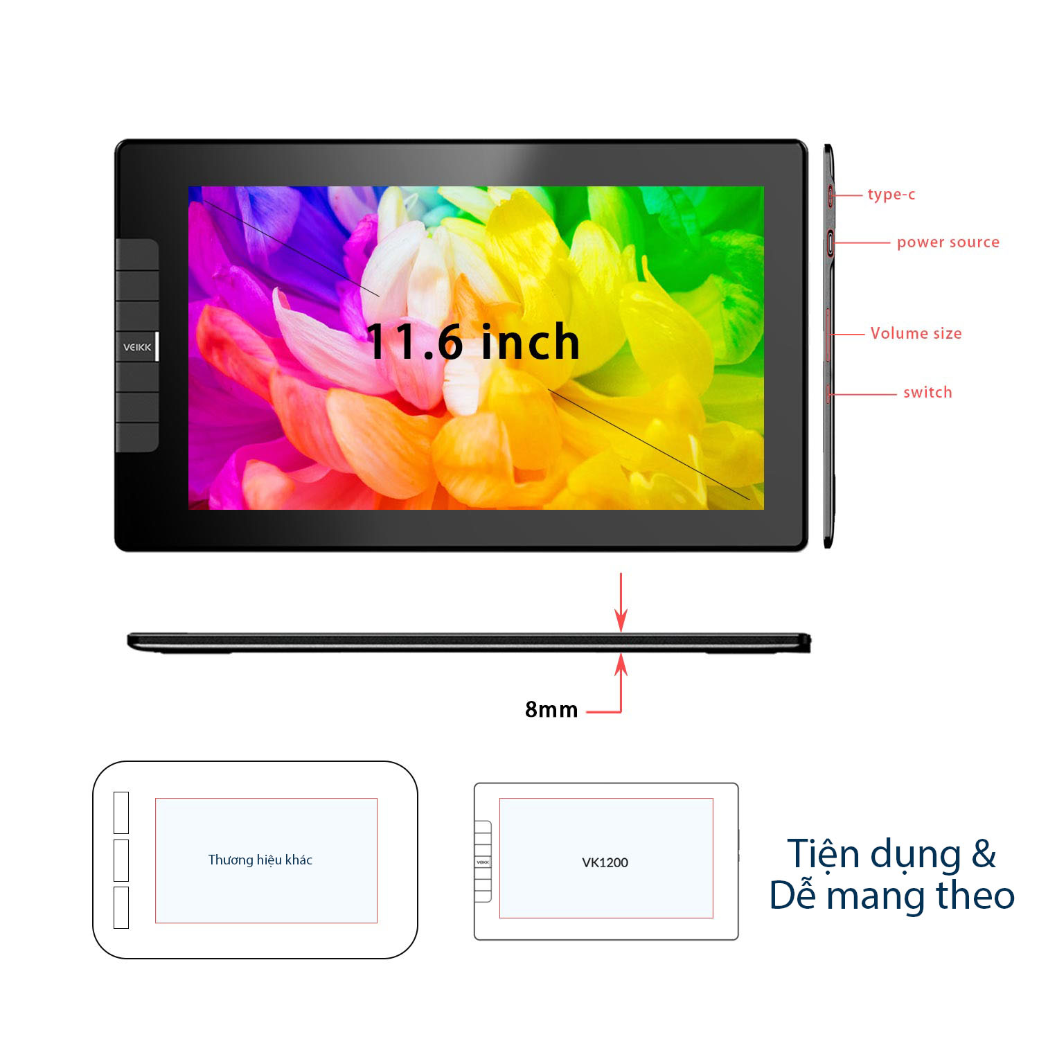 Bảng Vẽ Điện Tử VEIKK VK1200 Full Laminated Cảm Ứng Nghiêng Độ Nhạy Cao - Hàng Chính Hãng