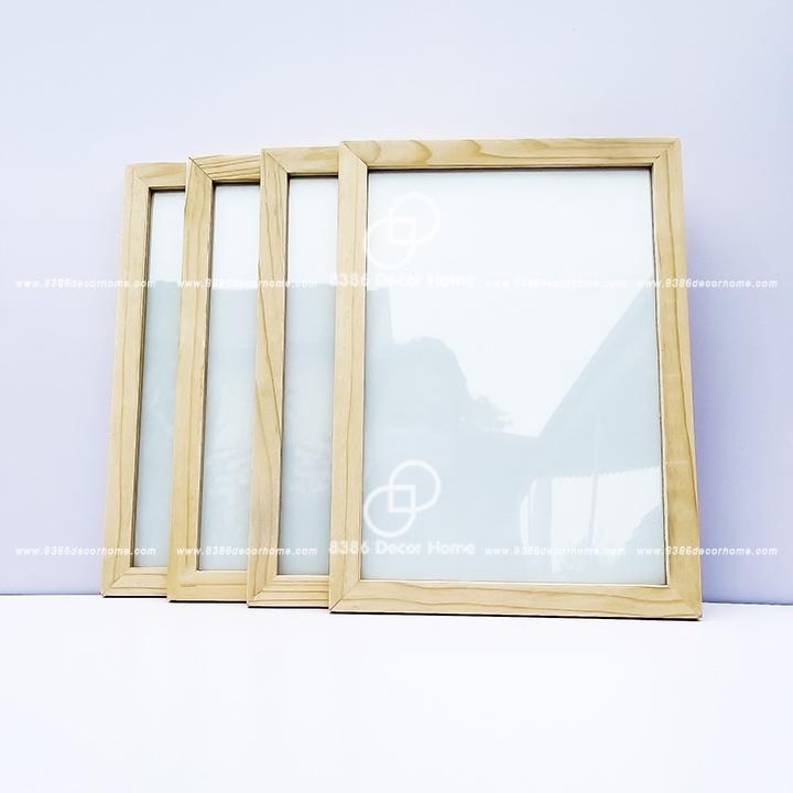 Khung ảnh gỗ thông, 20x20, A3, A4, A5, tặng móc và đinh 3 chân treo không cần khoan tường (1 tấm mica)