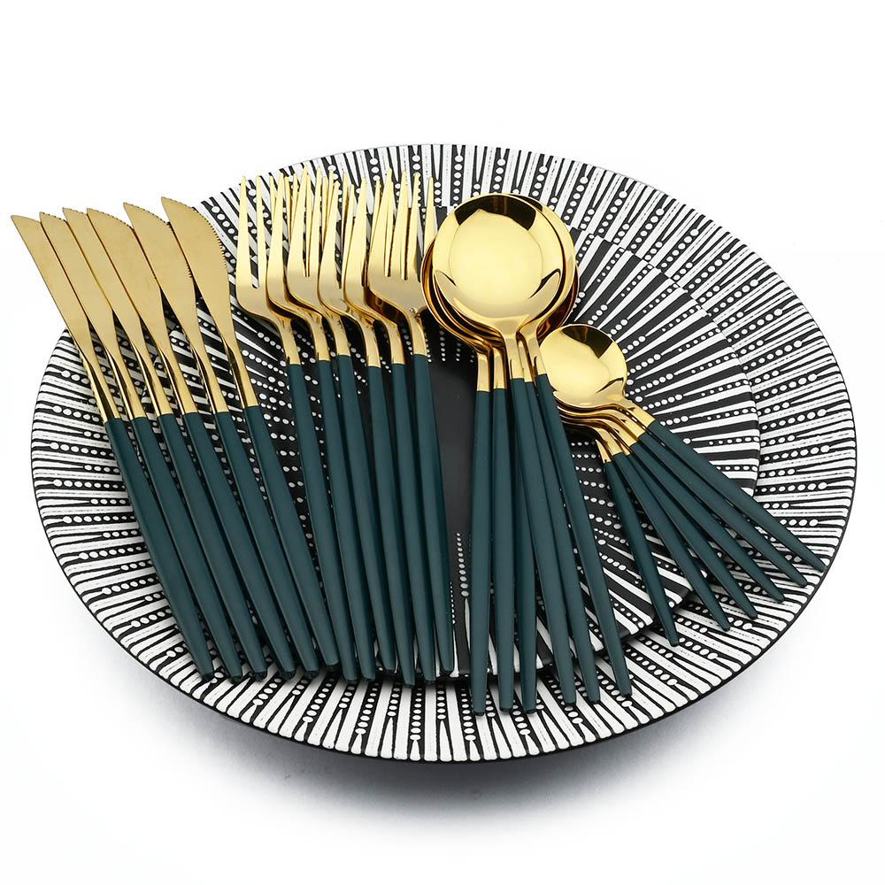 24Pcs Inox Chén Ăn Bộ Nhà Bếp Xanh Vàng Bộ Dao Kéo Dao Muỗng Nĩa Phẳng Bằng Bộ Đồ Ăn Tối Giản Bạc