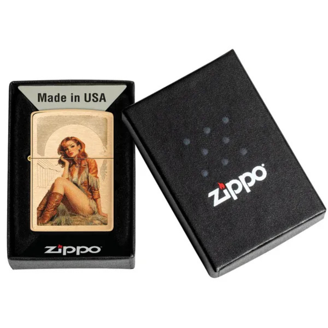 Bật Lửa Zippo Western Pinup Design Chính Hãng Mỹ - Bật Lửa Zippo Đồng Thau Mài Bóng Cổ Điển Cô Gái Cao Bồi