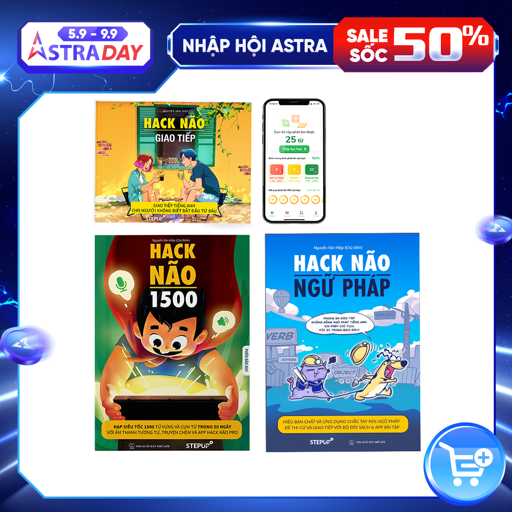 Sách - Combo 3 cuốn Hack Não 1500 Từ Vựng Tiếng Anh + Ngữ Pháp + Giao Tiếp - Kèm App Hack Não Pro kiểm tra học phát âm