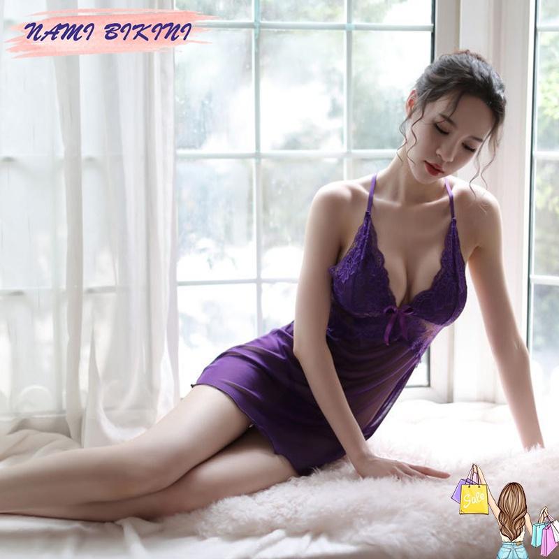 Váy ngủ xuyên thấu kèm quần lọt khe đầm ngủ sexy phối ren váy 2 dây chéo gợi cảm Nami