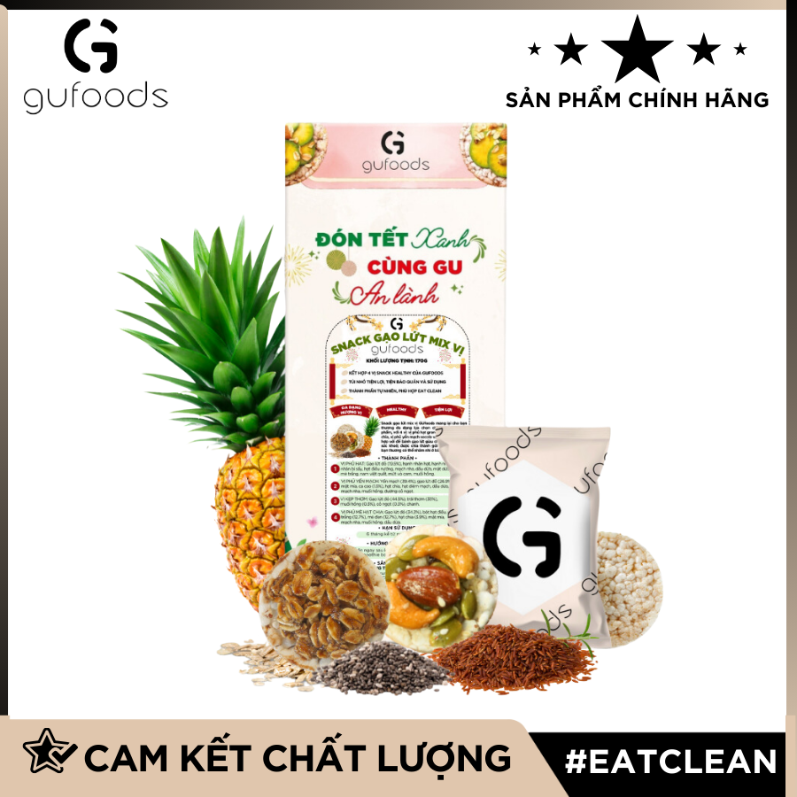 Snack gạo lứt healthy mix Tứ Quý GUfoods - Hội tụ 4 vị snack ngon, Nạp nhanh năng lượng, Tiện lợi, Eat clean, Thuần chay - Bánh kẹo Tết - Quà Tết