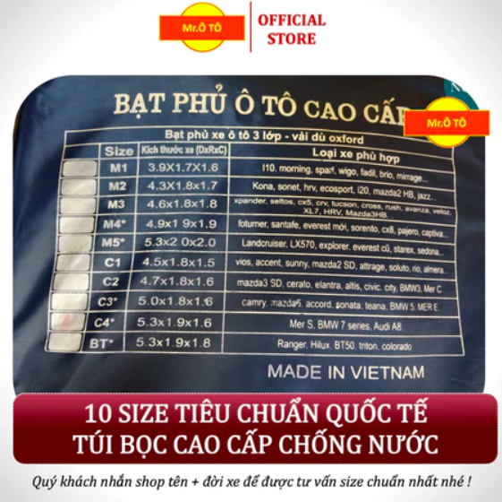 Bạt phủ ô tô vải dù Oxford cao cấp - Mr Ô Tô 10 size độc quyền - Bảo vệ xe tuyệt đối - Bảo hành 2 năm