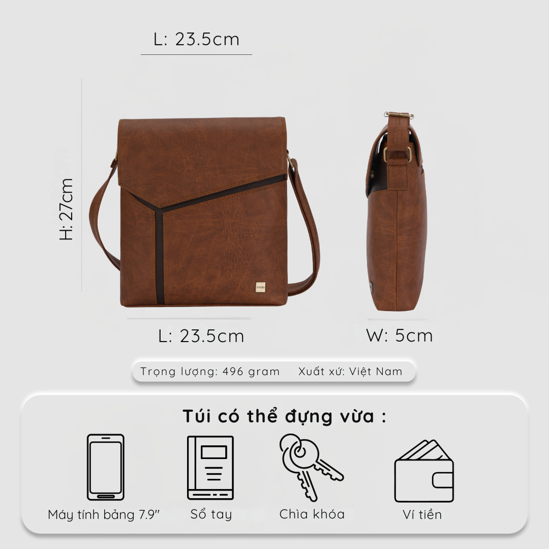 Túi đeo chéo nam nữ IDIGO MB2 - 3398, túi công sở dáng chữ nhật đựng máy tính bảng 7.9 inch