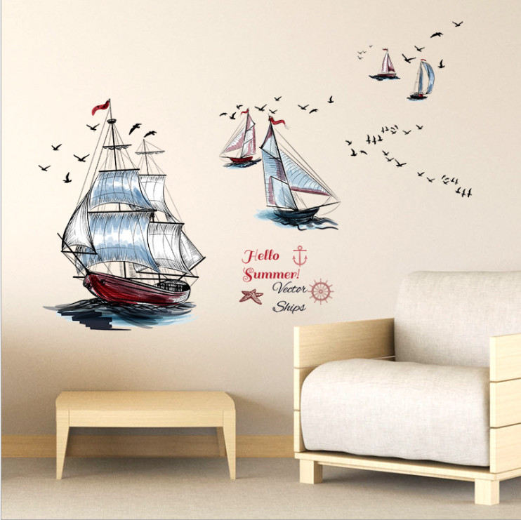 Decal dán tường trang trí nhà cửa sáng tạo tranh Thuyền buồm ra khơi đủ màu 3 (98 x 87 cm)