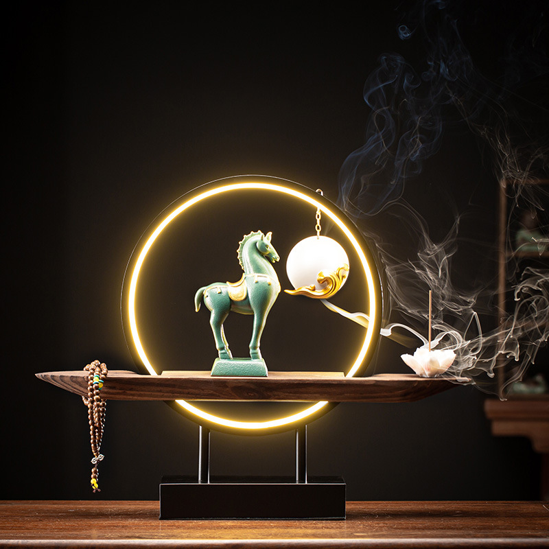 Đế Xông Trầm Tượng Sứ Song Mã – Tượng Ngựa Phong Thủy Cao Cấp, Thác Khói Trầm Hương Trang Trí Sang Trọng Kèm Đèn Led