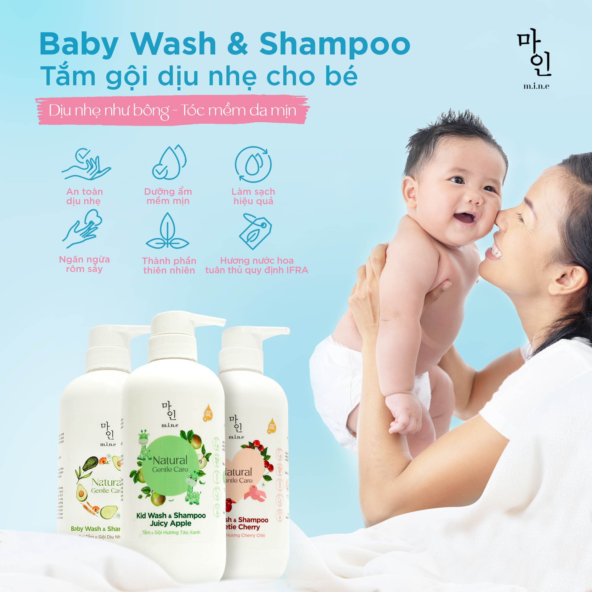 Tắm &amp; gội dịu nhẹ Hương Phấn cho bé 0+ MINE - Baby Wash &amp; Shampoo Gel