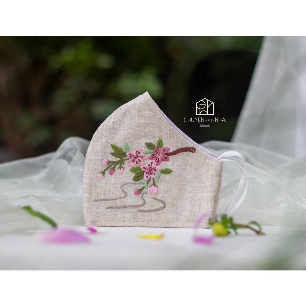 Khẩu trang thêu tay - Đào Mai - an toàn, mềm mại, thoáng mát được làm từ vải sợi tự nhiên cao cấp Premium Linen