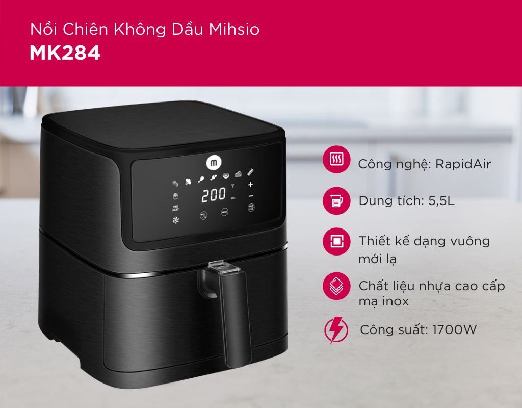 Nồi chiên không dầu 5.5L điện tử Mishio MK284 - Hàng chính hãng