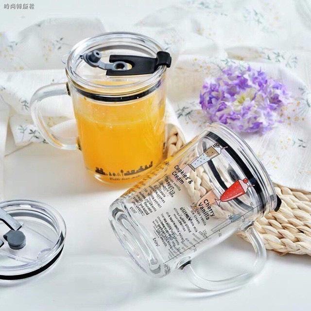 Ly thủy tinh chịu nhiệt nóng lạnh có Nắp 400mlCốc Có Vạch Chia Mức Tiện Dụng Tặng Kèm Ống Hút Silicon Dẻo Cao Cấp