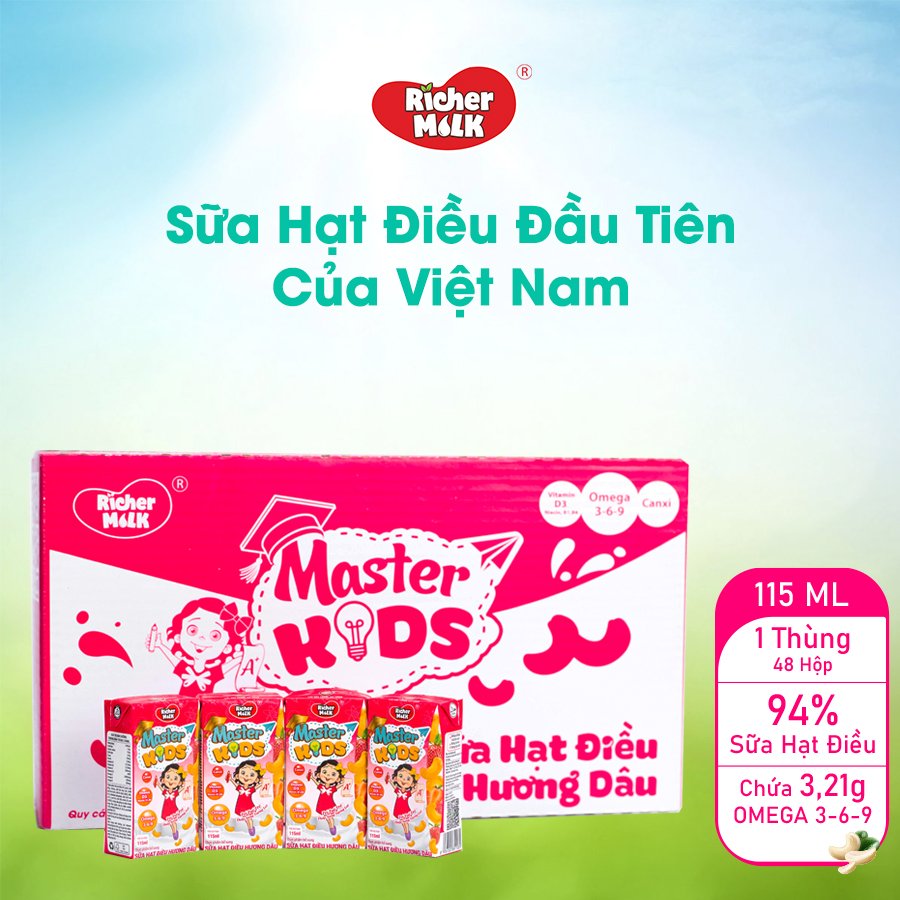 Sữa Hạt Điều Master Kids Hương Dâu 115ml Giàu Omega 3-6-9 Giúp Trẻ Thông Minh Hơn
