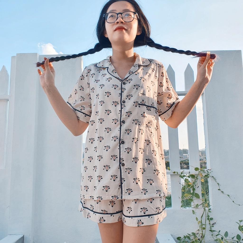 Pyjama đùi đũi lanh bò sữa